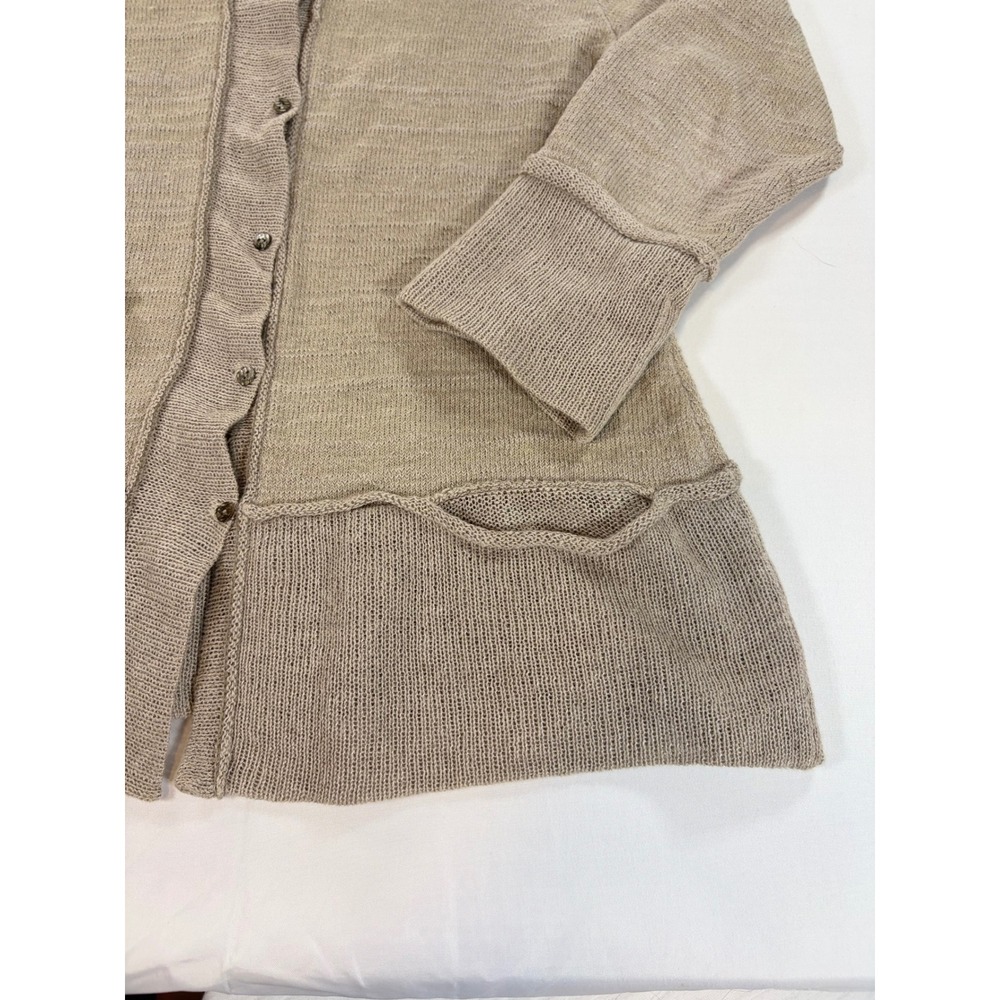 Setsuko Torii Japan 100% Linen Knit Cardigan Sweater Tan Beige Pocket Button - Picture 3 of 9